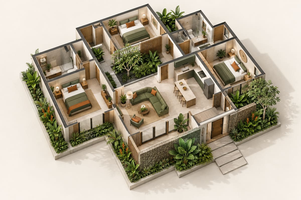 Ilustrasi konsep denah rumah tropis dari atas